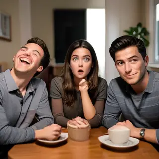 A group of three friends at a table: one laughing with head 