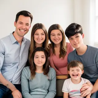 A family photo with four people: a father beaming with pride