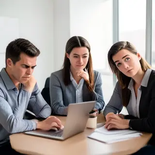 Three coworkers in a meeting: one looking frustrated with fu