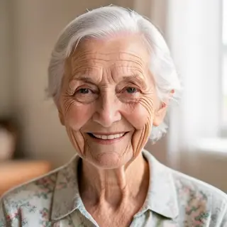 An elderly woman in her 80s with deep wrinkles and white hai