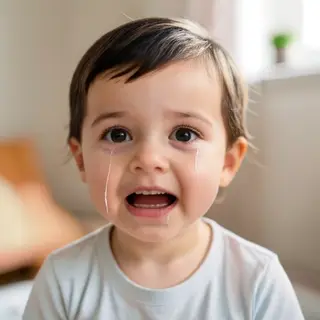 A 5-year-old child with round cheeks and large eyes, crying 