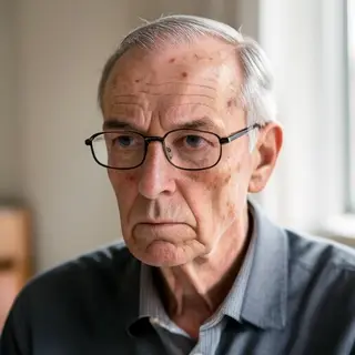 An elderly man in his 70s with age spots and thinning gray h