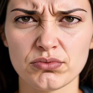 A close-up of a person's face showing clear disgust, nose wr