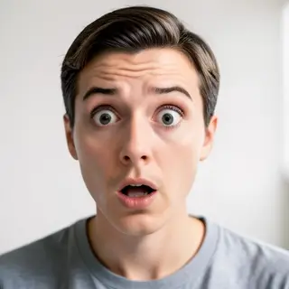 A portrait capturing genuine surprise — raised eyebrows, wid