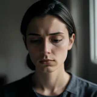 A face showing quiet melancholy — downcast eyes, slightly dr