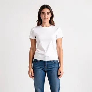 A woman standing upright in a relaxed pose, arms at her side