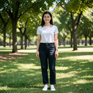 A person standing in a neutral pose in a park, full body vis