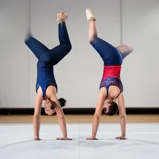 Two gymnasts performing a synchronized handstand, side by si
