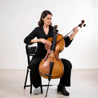A cellist seated with correct posture, legs around the instr