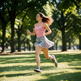 A woman mid-stride running through a park, hair and clothes 