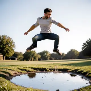 A man captured mid-jump over a puddle, body in the air with 