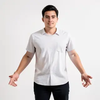 A person standing with both hands visible at their sides, fi
