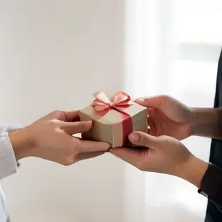 One person handing a small gift box to another person, both 