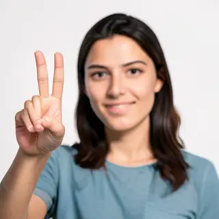 A person making a peace sign with their right hand, clearly 