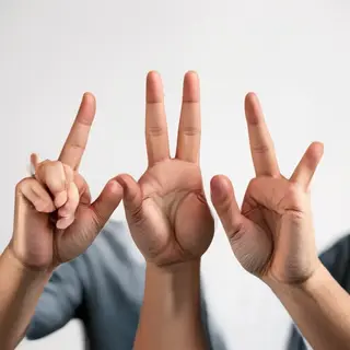 A person counting to three on their fingers, with index, mid