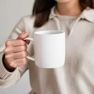 A person holding a white ceramic coffee mug by the handle wi