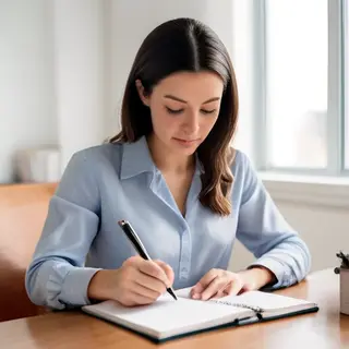 A woman writing in a notebook with a pen gripped correctly i