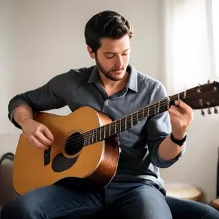 A person playing an acoustic guitar with left hand on the fr