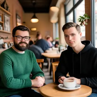 Two men at a cafe: one with a beard and glasses wearing a gr