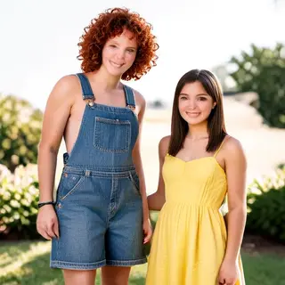 Two friends posing: one tall with curly red hair in denim ov