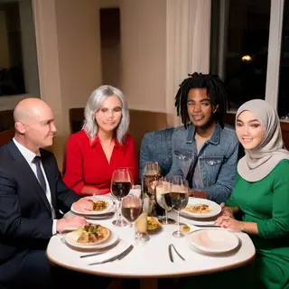 Four people at a dinner table: a bald man in a suit, a woman