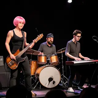 Three musicians on stage: a tall woman with short pink hair 