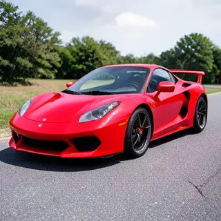 A bright red sports car parked on a gray asphalt road — the 