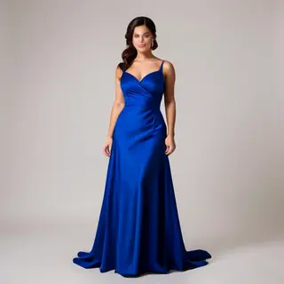 A woman wearing a royal blue evening dress against a neutral