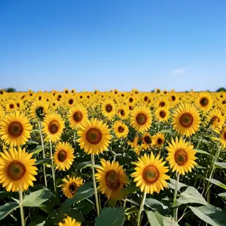 A field of pure sunflower yellow flowers under a clear blue 