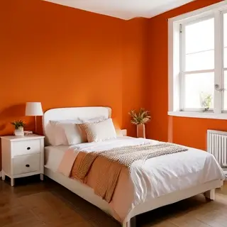 A bedroom wall painted in #FF6B35 (burnt orange) with white 