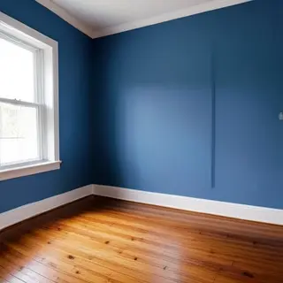 A room with walls in #4A90D9 (medium blue) with warm wooden 