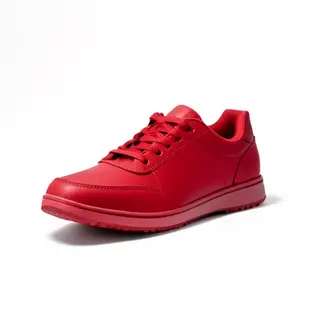 A single red sneaker on a clean white background with soft s