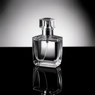 A clear glass perfume bottle on a reflective black surface w