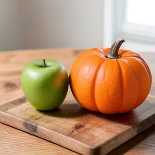 A green apple and an orange pumpkin on a wooden cutting boar