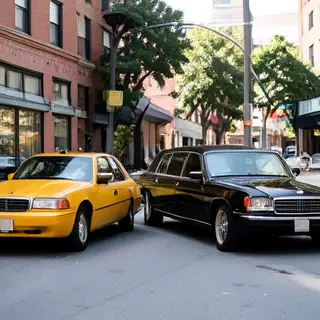 A yellow taxi and a black limousine parked next to each othe