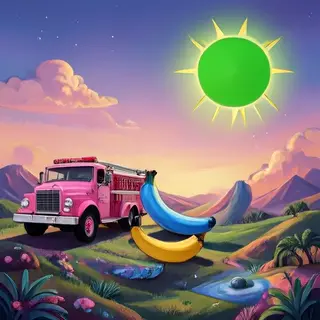 A pink fire truck, a blue banana, and a green sun in a surre