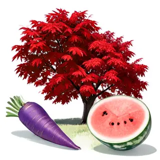 A purple carrot, a red tree with red leaves, and a white wat