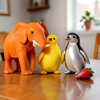 An orange elephant, a yellow penguin, and a silver strawberr