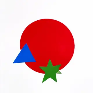 A large red circle, a small blue triangle, and a medium gree