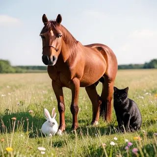 A big brown horse, a small white rabbit, and a medium-sized 