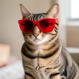 A tabby cat wearing oversized red sunglasses