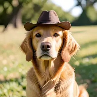 A golden retriever wearing a tiny cowboy hat