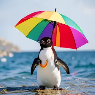 A penguin holding a colorful umbrella