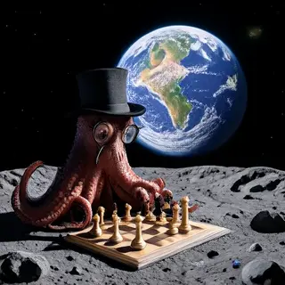 An octopus wearing a top hat and monocle playing chess on th