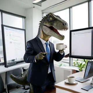 A dinosaur in a business suit giving a PowerPoint presentati