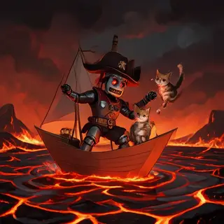 A robot dressed as a pirate sailing a paper boat on a lake o