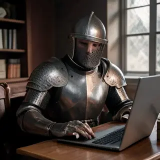 A medieval knight in full armor sitting at a desk typing on 