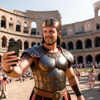 A Roman gladiator taking a selfie with a smartphone in the C