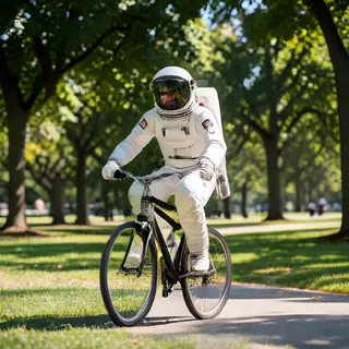 An astronaut in a spacesuit riding a bicycle through a park