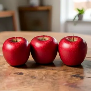 Exactly 3 red apples arranged on a wooden table